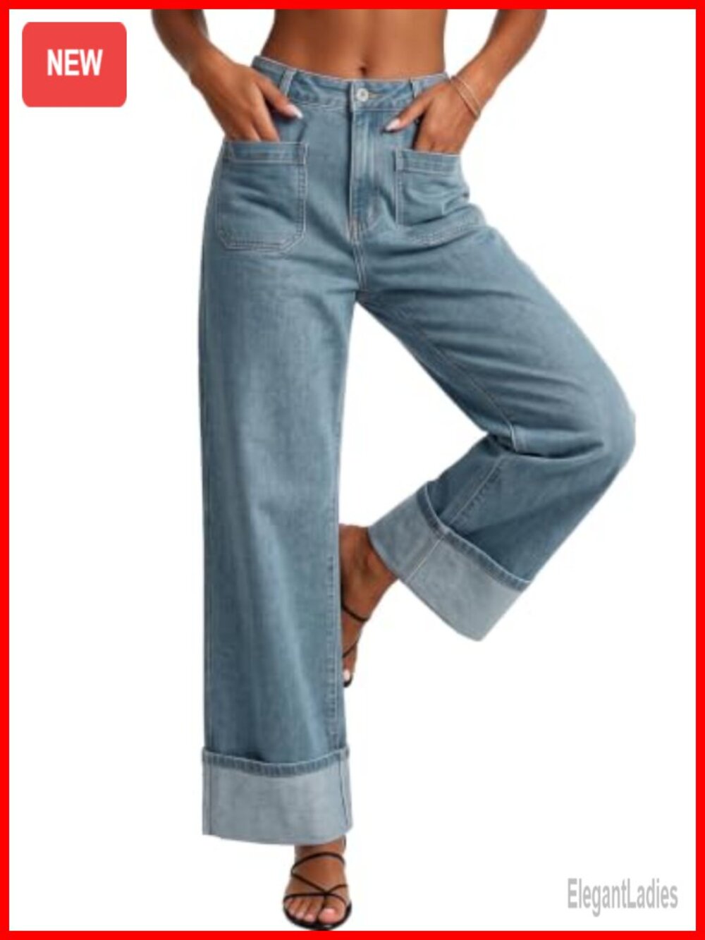 High Waisted Wide Leg Stretch Jeans Cuffed Denim Trendy
